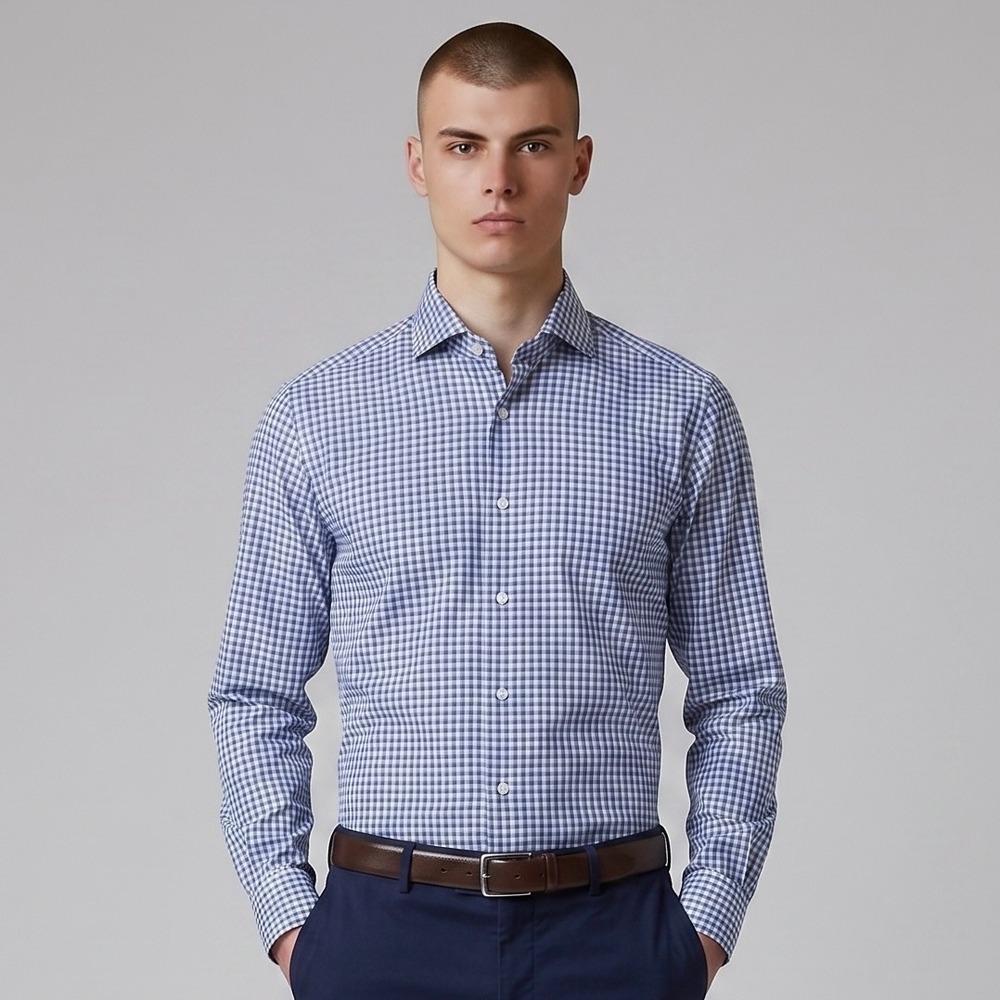 Brunello Cucinelli Dress Shirt Mens Medium Blue White Gingham Slim Fit  Italy